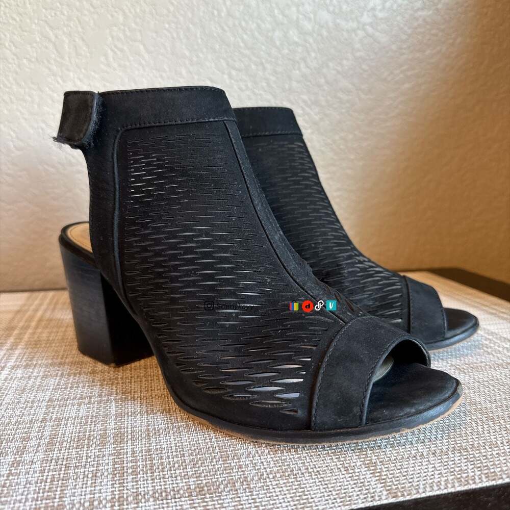 Vince Camuto Lavette Black Nubuck Perforated Peep Toe Block Heel Booties